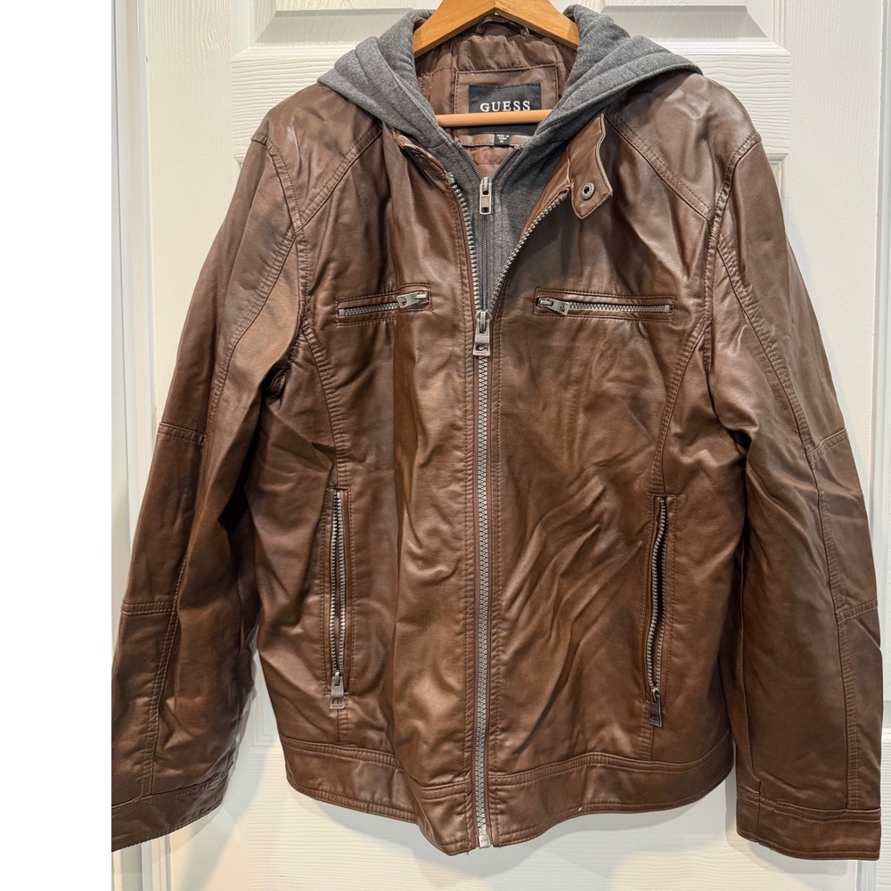 Guess Los Angeles Mens Brown Hooded Faux Leather Jacket XL Biker Urban Moto